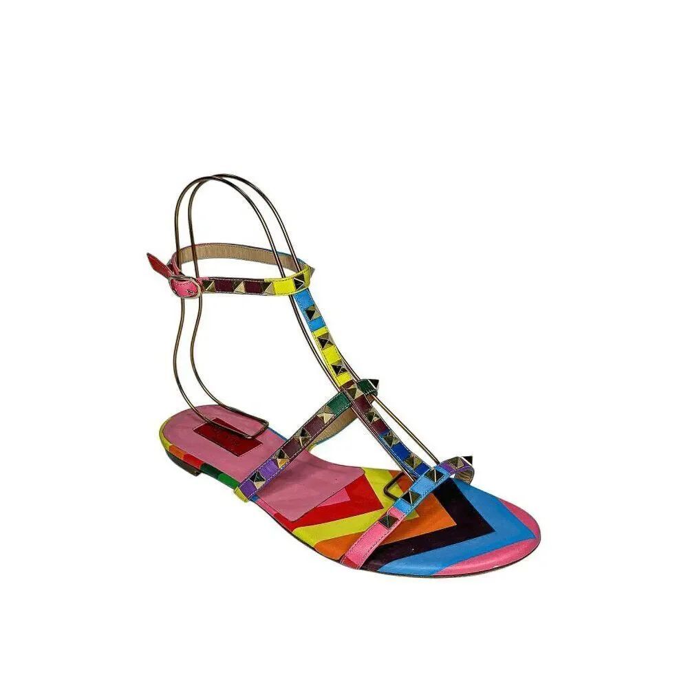Valentino Multicolor Rockstud Gladiator Rainbow Leather Flat Caged Sandals EU 40